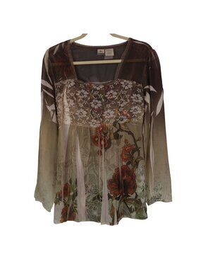 Vintage Forbidden M Sheer Floral Boho Top Square Neck Lace Sublimated Y2K
